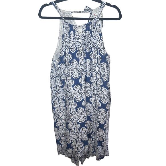 Vineyard Vines Women's Blue Mirrored Leaves Trapeze Tassel Halter Dress Size 4 - Picture 1 of 10